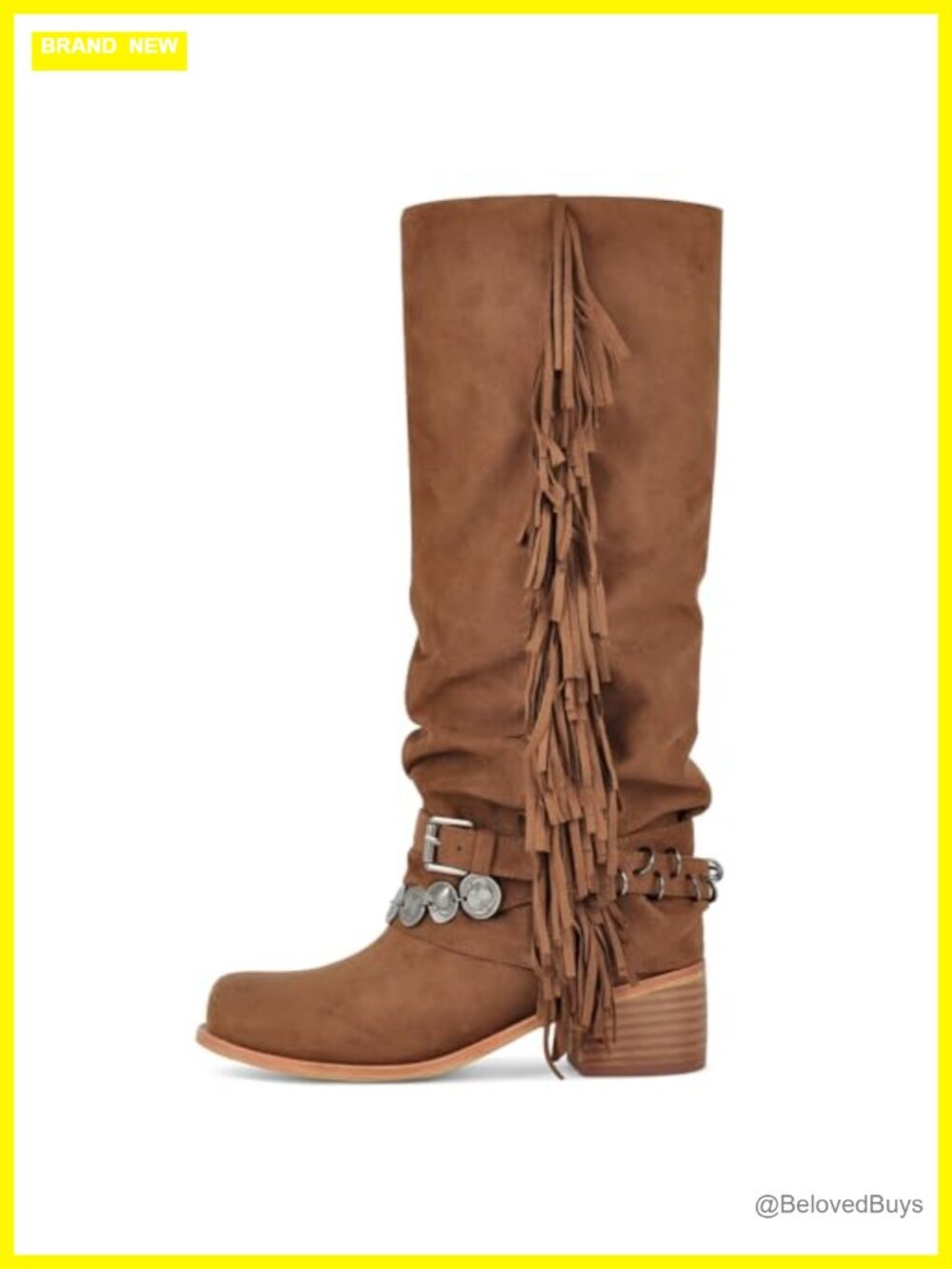 Knee High Riding Boots Fringe Buckle Strap Chunky Heel Square Toe Suede